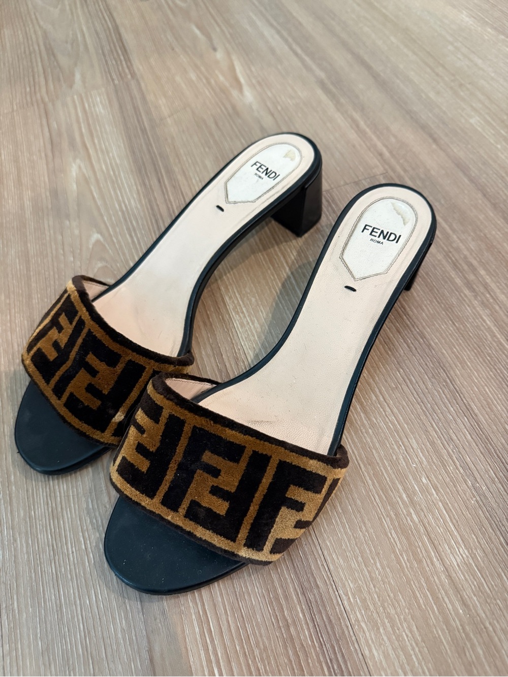 Fendi Brown and Black Velvet Zucca FF Logo Slide Mules